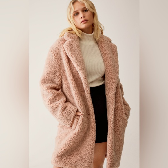 Aritzia Wilfred Free Sz S The Teddy Cocoon Cozy Tan Relaxed Coat - Picture 1 of 12